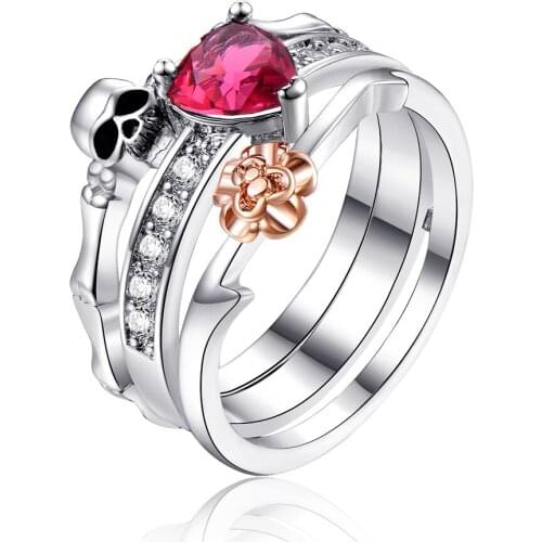 Megin D Silver Plated Punk Zircon Skeleton Red Heart Flower High Grade Rings for Women Friend Couple Gift Design Fashion Jewelry