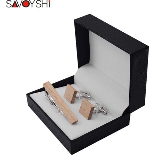 SAVOYSHI Low-key Luxury Wood Cufflinks Tie Clips Sets Concise Rice white Fashion Design Cuff links Business Gift Brand Jewelry