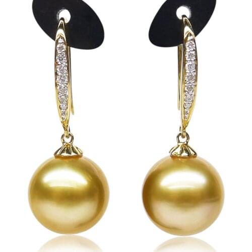 Handmade lovely bead GOLD!AAA 10.5 MM SOUTH SEA PEARL EARRING Natural Freshwater pearl 925 jewelry