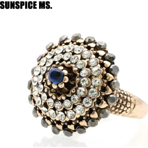 SUNSPICE MS. Luxury Turkish Full Rhinestone Ring Vintage Crystal Antique Rings For Women Gold Color Wedding Gift Indian Jewelry
