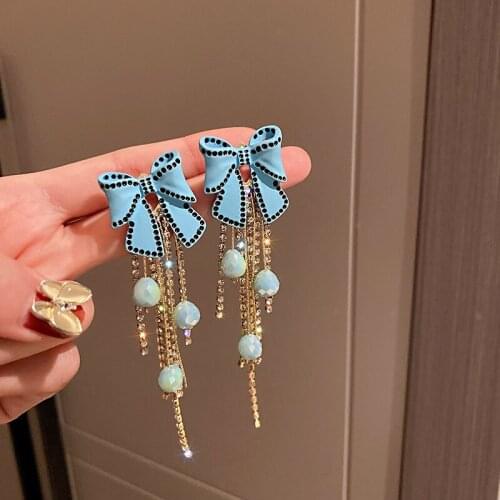Statement Luxury Bow Tassel Drop Earrings For Women Cool Blue Bowknot Romantic Elegant Ear Jewelry Party Accessories