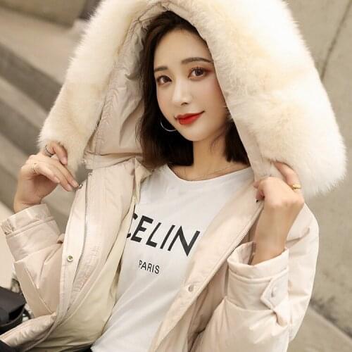 FNOCE 2020 winter Womens White Duck down jacket fashion long sleeve hooded Natural FOX FUR collar zip slim down parka coat
