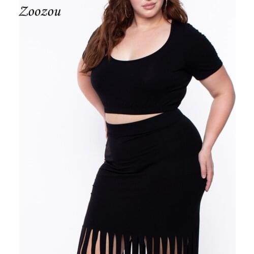 Women Fringe Skirt Summer 2 Two Piece Sets Plus Size 4XL Crop Tops T Shirt Tassel Long Skirts Sets Casual Black Outfits Custom