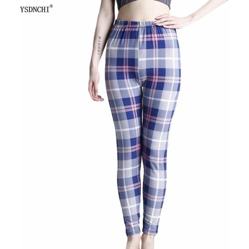 YSDNCHI Leggings Blue Gray Plaid Printing Women Leggins High Waist Workout For Women Comfortable Casual Pants Running Trousers
