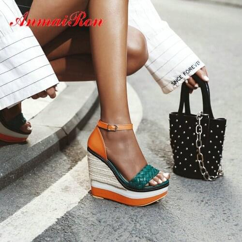 ANMAIRON 2020 Casual PU Mixed Colors Platform Sandals Fashion Luxury Shoes Women Designers Buckle Strap Wedge Sandals 34-43