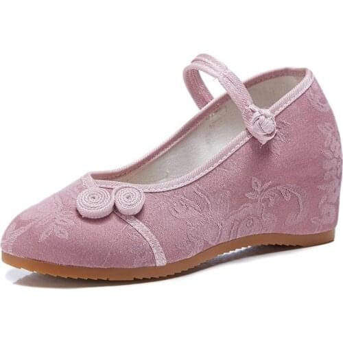 Vintage 7cm Hidden Wedge Ladies Jacquard Fabric Heel Shoes Women Comfort Embroidery Shoes Chic Chinese Knot Dress Pumps