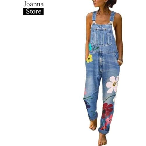 Spring Summer New Denim Printed Playsuits Women Pockets Loose Casual Floral Long Jumpsuits Blue Plus Size Jeans Overalls Female