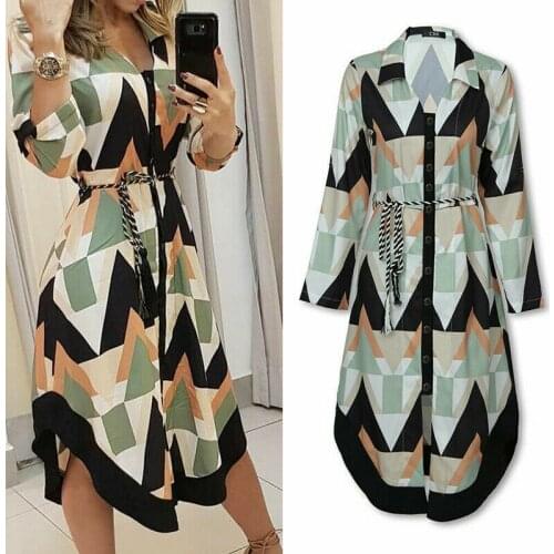 2022 New Women Casual Shirt Dress Lady Wave Print Long Sleeve V-Neck Casual Loose Beach Dress For Women Summer Beach Cover Ups