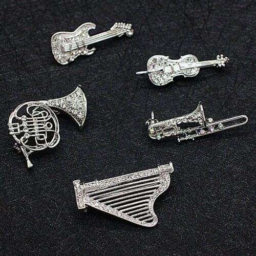 1PC Rhinestone Musical Instruments Pins Brooches Sax Violin Harp Trombone Women Men Fashion Jewelry Accessories