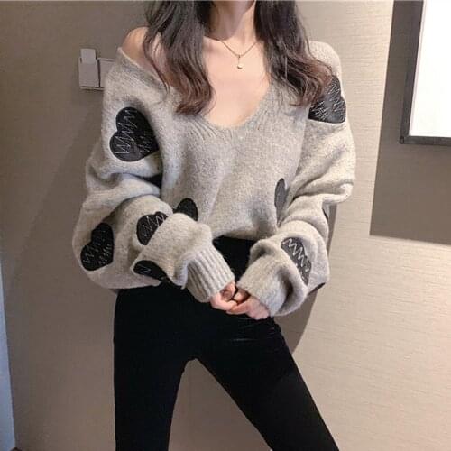 2021 Autumn Winter Women Sweater Korean Love Heart Knitted Pullover Tops Causal Long Sleeve V-neck Pull Femme Casual Cloths