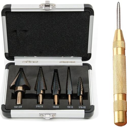 5pcs Large Cobalt Step Drill Titanium Core Drill Hole Cutter Bit + 1pc 5 Inch Spring Loaded Automatic Center Pin Punch