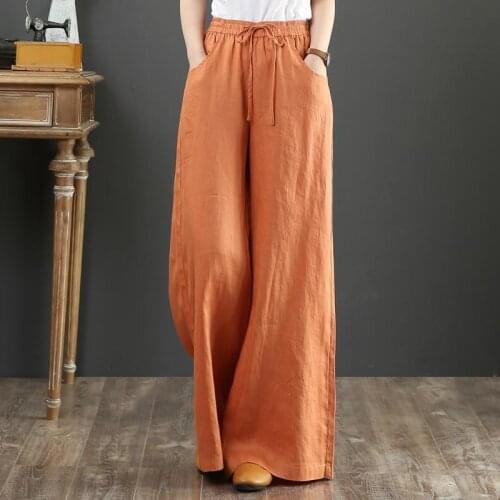 Fashion Summer Pants Plus Size 3XL Women Casual Solid Cotton Linen Pockets Loose Drawstring Elastic Waist Long Wide Leg Trousers