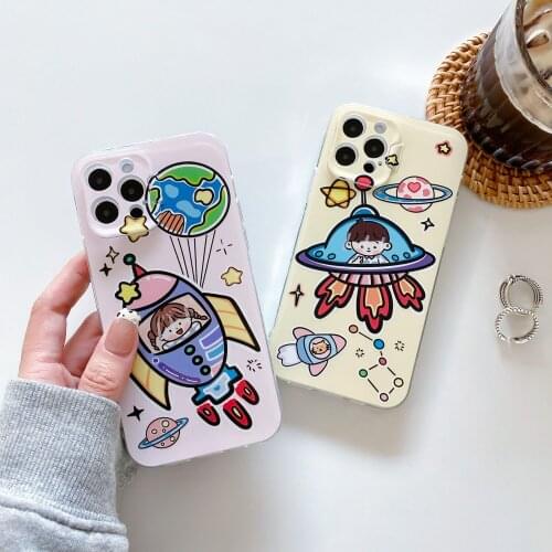 Cute Cartoon Astronaut Lens Holder Phone Case for IPhone 12 Pro 11Pro Max XR XS Max 7 8Plus Soft TPU Back Cover Protection Coque