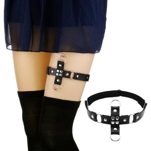 Decopunk New Women Punk Rivets Garter Belt Metal Leg Ring Garter PU Leather Leg Belt Suspender Elastic Leg Ring