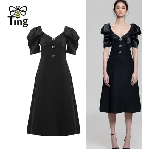 Tingfly Designer Vintage Black Puff Sleeve Sweetheart Neckline Midi Long Party Dresses Luxury Button High Quality Elbise Traf