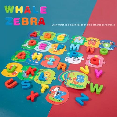 JINLETONG Wooden Board with Colorful Alphabet Number 3D Puzzle Kids Early Educational Toy Matching Letter Family Game