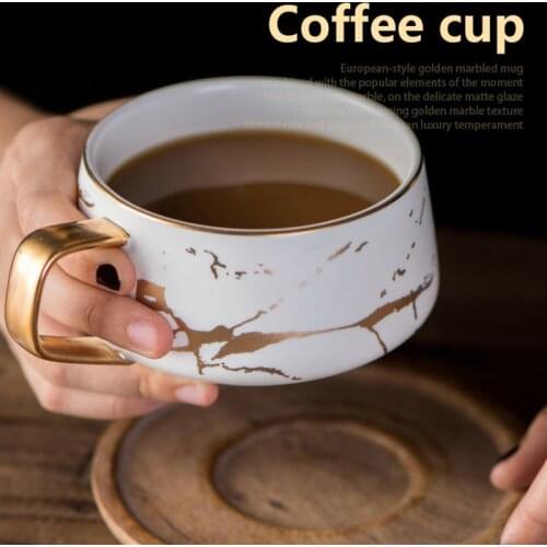 Nordic Style Marble Matte Gold Series Ceramic Tea Cup Coffee Mug with Wooden Tray Saucer Creative Gift Couple Cup 120-320ML