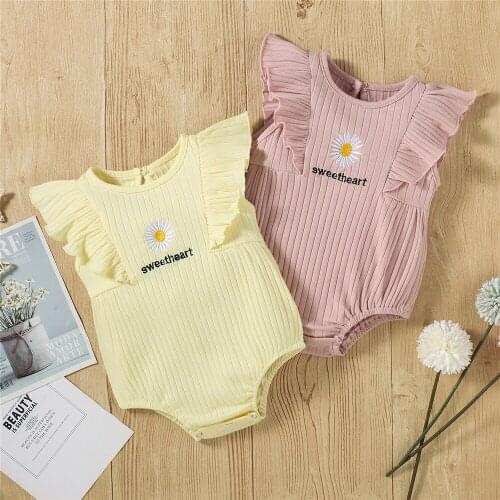 0-18 Months Newborn Baby Girls Daisy Embroidery Print Ribbed Romper Summer Short Sleeve O-Neck Rompers With Ruffles