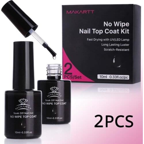 MAKARTT 2 PCS Top Coat Kit, Soak Off Nail Gel No Wipe Top Coat 10ml Top Coat Set for UV LED Nail Gel Polish Soak Off UV Tops