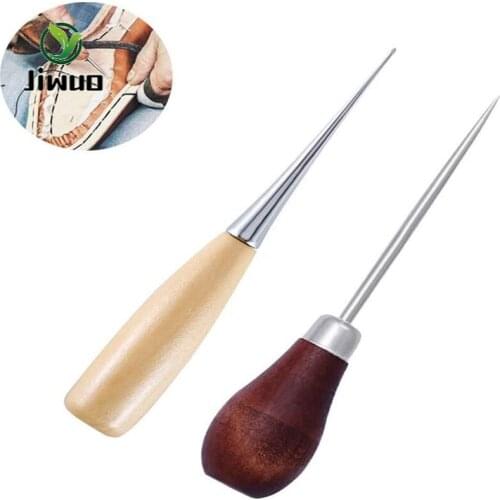 Jiwuo Wooden Handle Stitching Taper Awl Manual Knitting Tool Straight Cone Curved Cone Needle Drillable Awl for Leather Craft