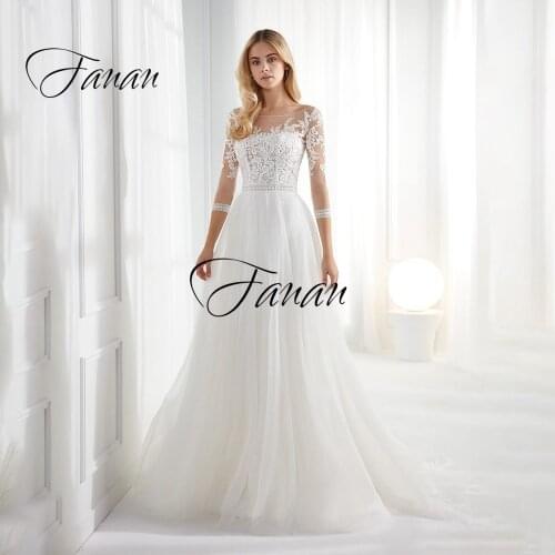 Scoop Neck Three Quarter Sleeve Wedding Dress Lace Appliques A-Line Tulle Bridal Gown robe de soirée de mariage Свадебное платье