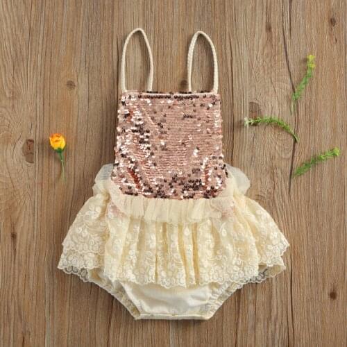 Summer Toddler Baby Girl Party Ruffle-Skirts Diaper Cover Bodysuit, Sequin Lace Tutu Hem Patchwork Dress Jumpsuit
