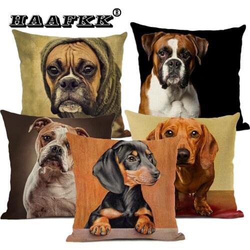 Cute Animal Cushion Cover, Bulldog, Dachshund, 45*45cm Square Linen Pillow, Living Room Sofa Decoration, Dog Companion