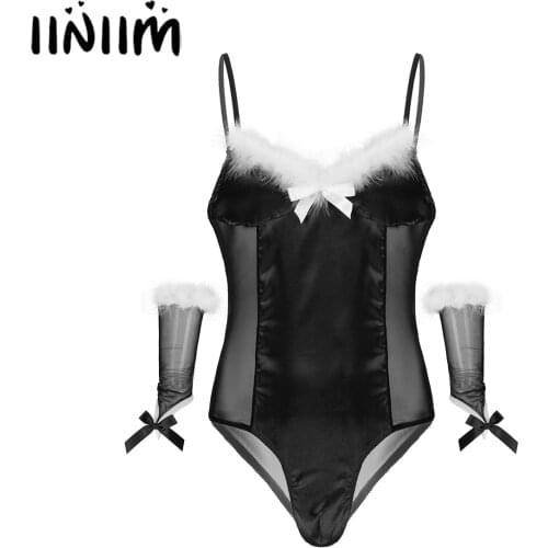 Mens Sissy Lingerie Teddies Mesh Satin Patchwork Bodysuit Cosplay Costumes Feather Trimming Exotic Bodysuit with Oversleeve