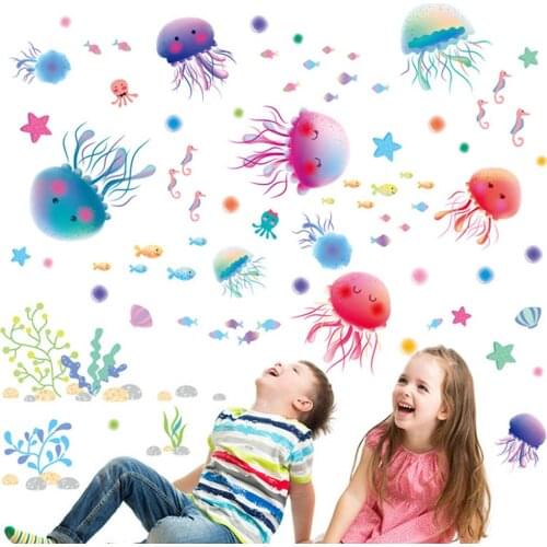 Kids Room Wall Stickers PVC Ocean Sea Jellyfish Wall Paper Cute Cartoon Bathroom Living Room Decor