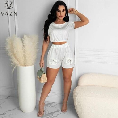 VAZN 2021 New Classic Solid Short Sleeve Open Shinny Set Top Short Pant Sexy Young High Waist Skinny Women 2 Piece Set