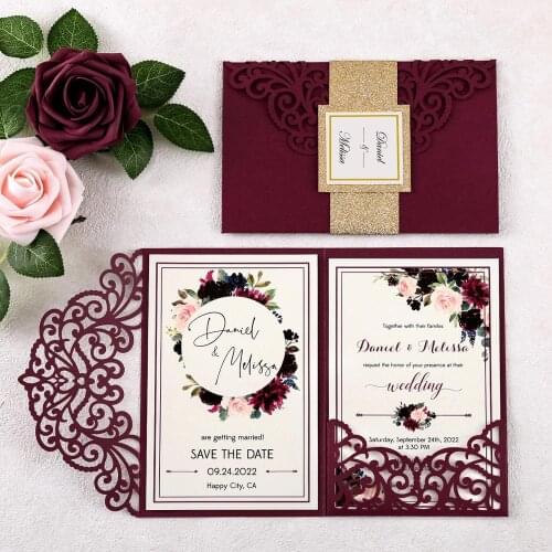 50pcs Burgundy Wedding Invitations Laser cut Hollow Invite Greeting Cards for Wedding