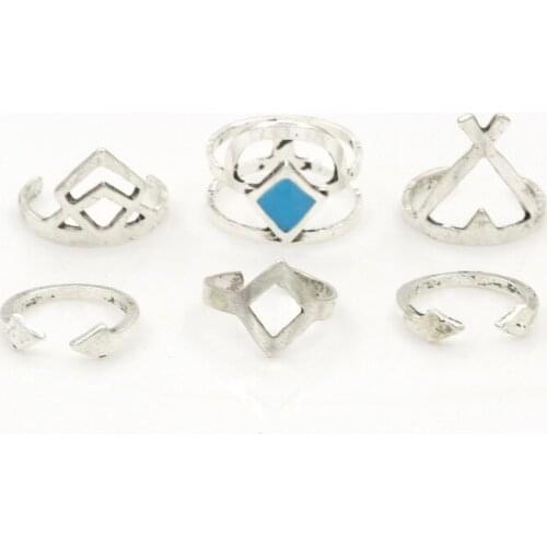 6 pcs/set Blue Stone Hollow Arrow Boho Vintage Silver Plated Opening Midi Rings for Women Adjustable