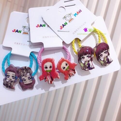 10 Pairs Demon Slayer Tie Hair Rubber Band Anime Cartoon Environmental Fashion Acrylic Paper Card Headwear Accessories Girls