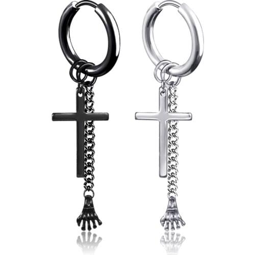 Punk Skeleton Hand Cross Pendant Drop Earrings For Men Classic Stainless Steel Chain Tassels Earrings Jewelry Brincos Gift