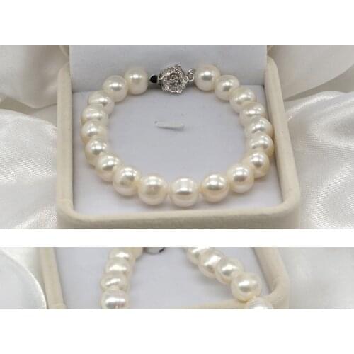 Wedding Woman Gift 9-10mm Natural White Freshwater Pearl Bracelet Silver Rose Flower Clasp Handmade Woman Jewelry
