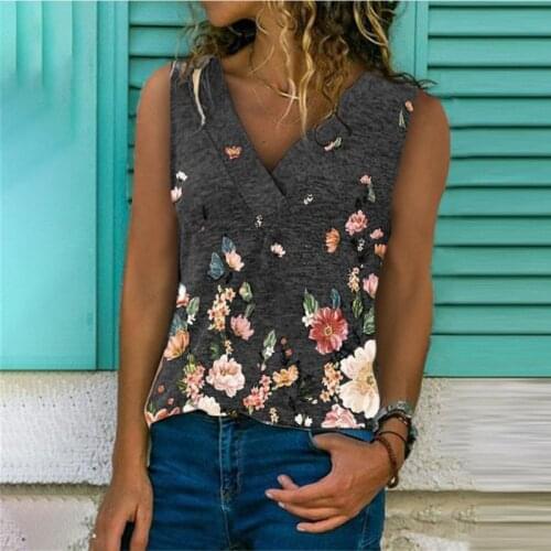 Womens Summer Clothing Tops Sleeveless Floral Printed V Neck Top T-Shirts S-5XL Loose Casual Fashion Vest Tops Wholesale Items