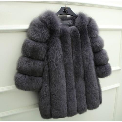UPPIN Winter Elegant Fashion Fur Coat Women Latest Dark Grey Faux Fox Fur Jacket O-Neck Fitted Warm Jackets Thick Womens Coats