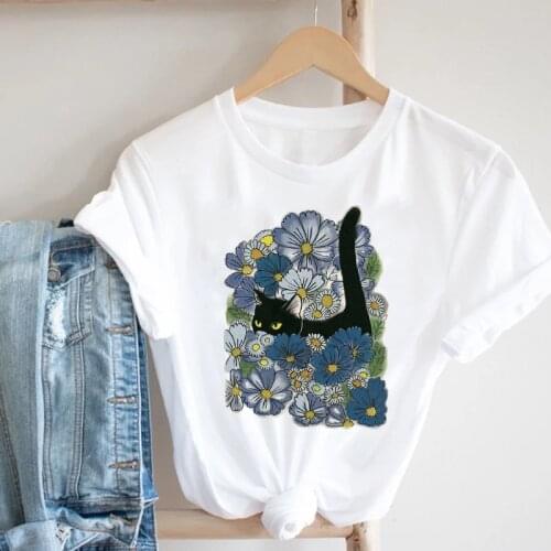 Women Clothing Cat Floral Flower Plant New Trend Kawaii Animal Cute 90s Clothes Print Tee Top Tshirt Female Graphic T-shirt