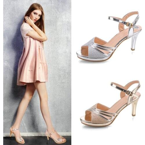 Women Sandals 2021New Summer Elegant Bling Women Shoes Concise Open Toe High heels 6 CM Woman Sandals Gold Silver Size 34-40