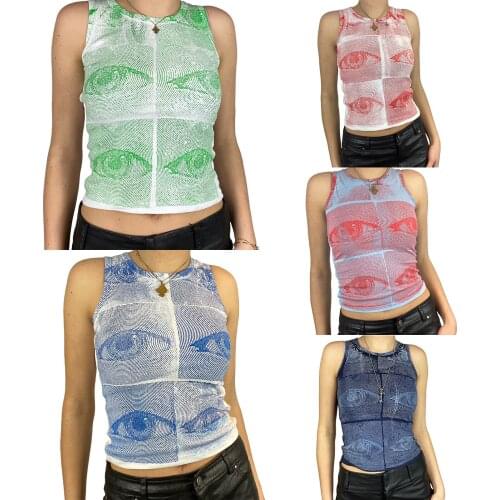 Summer Street Fashion Trends Womens Causal Round Neck Vest Personality Eyes Printing Exposed Navel Sleeveless Tops