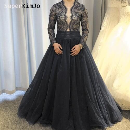 SuperKimJo Vestido De Festa Longo Elegant Prom Dresses Long Sleeve Lace Applique Beaded Navy Blue Prom Gown Vestido De Gala