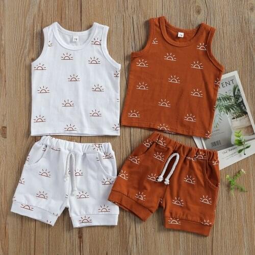 2 Colors Newborn Baby Girls Boys Clothes Sets Sun Print Sleeveless Pullover Vest Shorts 0-3Y