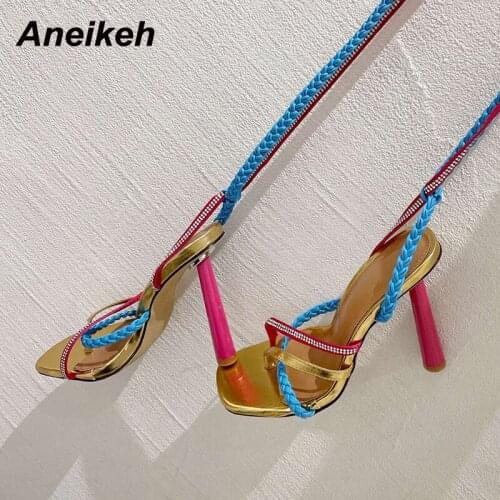 Aneikeh 2021NEW Ladies Shoes PU Fashion Modern Sandals Riband Sexy Summer Heels Cross-Tied Thong Gladiator Weave Party Polka Dot