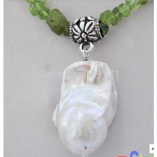Free Shipping>>16" 22mm white baroque keshi reborn pearl pendant olivine NECKLACE