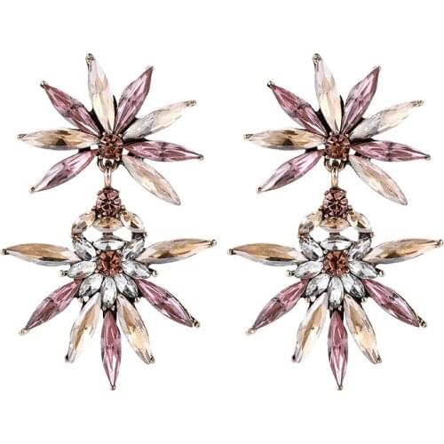 Retro Exaggerated Big Luxury Pink Glass Flower Pendant Drop Earrings for Women Girls Jewelry