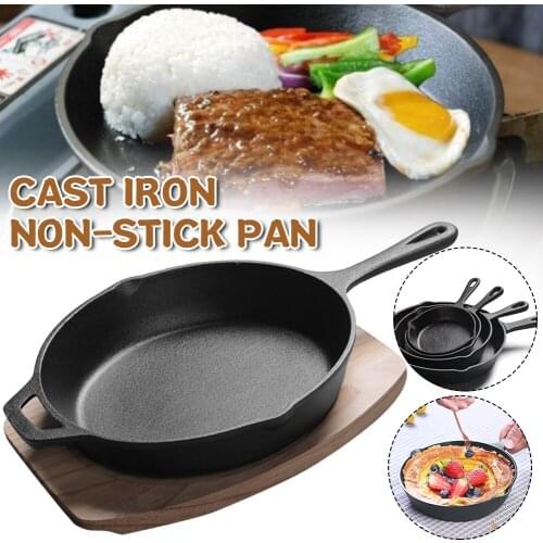 14/16/20cm Cast Iron Frying Pan Uncoated Non-Stick Skillet Seasoned Pan with Wooden Tray Cookware Fryer Kitchen Appliance