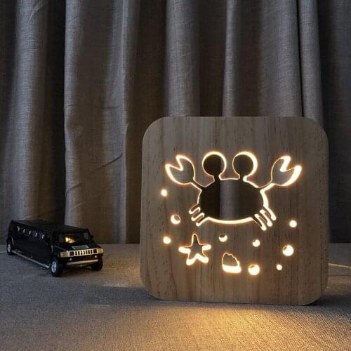 Wooden Crab Night Lamp 3D LED Night Lights for Kids Bedroom Decoration Warm White Unique Crab Light Birthday Party Gift