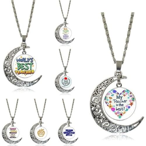 EJ Glaze Best Teacher For Women Girl Gift Jewelry With Silver Plated Glass Cabochon Crescent Moon Choker Long Pendant Necklace