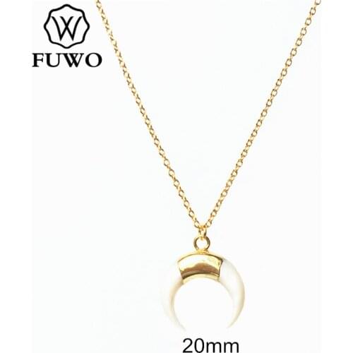 FUWO Natural Shell Crescent Necklace with Gold Trimmed OX Horn Shape White Shell Beach Jewelry Gift For Women NC522
