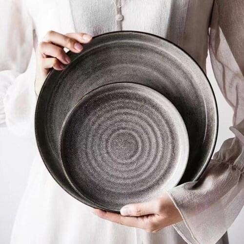 Kiln Glaze Ceramic Plate Tableware Porcelain Round Plate Steak Salad Fruit Cake Sushi Storage Decorative Plate Noodle Bowl
